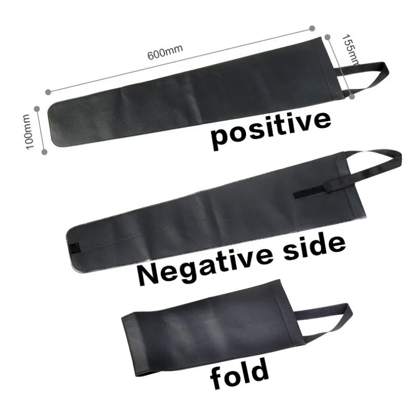 Black flexible sheet with measurements and text indicating positive, negative side, and fold direction on a white background.