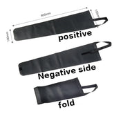 Black flexible sheet with measurements and text indicating positive, negative side, and fold direction on a white background.