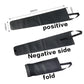 Black flexible sheet with measurements and text indicating positive, negative side, and fold direction on a white background.