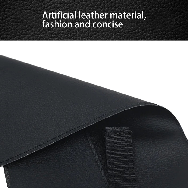Black artificial leather material with text on a white background