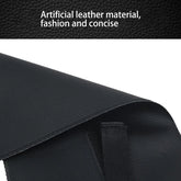 Black artificial leather material with text on a white background