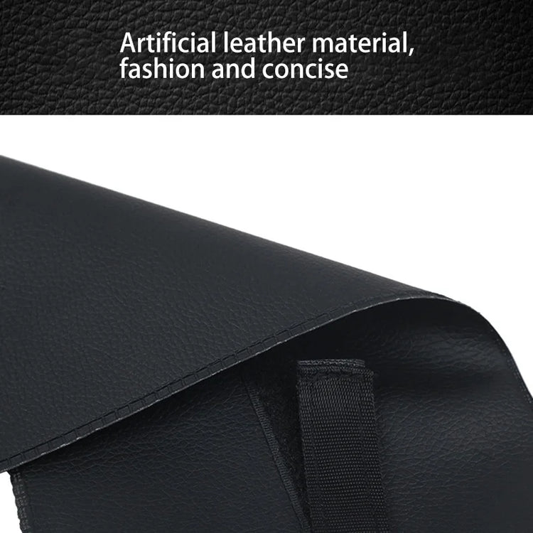Black artificial leather material with text on a white background