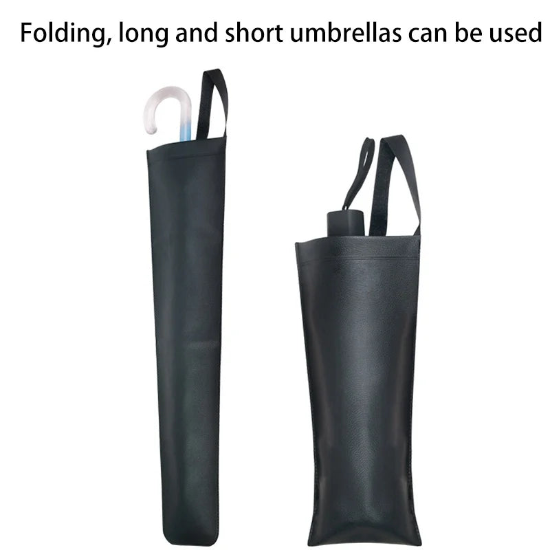 Two black umbrella stands with folded and unfolded umbrellas inside on a white background.