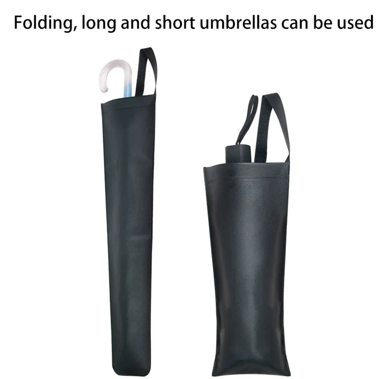 Two black umbrella stands with folded and unfolded umbrellas inside on a white background.