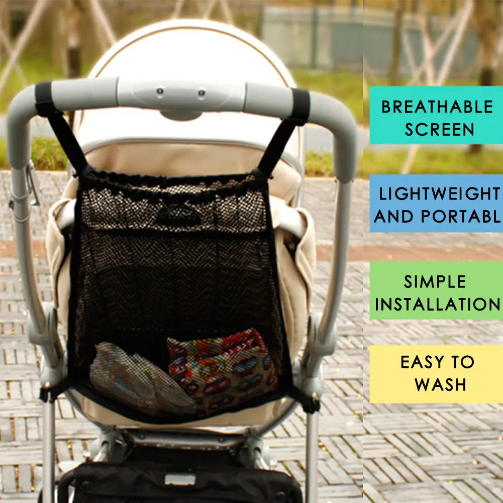 Stroller organizer with text highlighting features on a blurred outdoor background