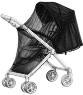Black baby stroller with canopy on a white background