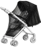 Black baby stroller with canopy on a white background