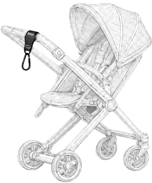 Line drawing of a baby stroller with a strap attached.