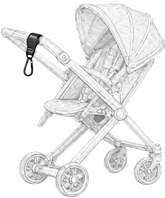 Line drawing of a baby stroller with a strap attached.