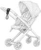 Line drawing of a baby stroller with a strap attached.