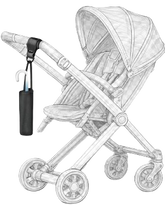 Black and white illustration of a baby stroller with an umbrella holder attachment.