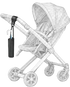 Black and white illustration of a baby stroller with an umbrella holder attachment.