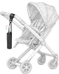 Black and white illustration of a baby stroller with an umbrella holder attachment.