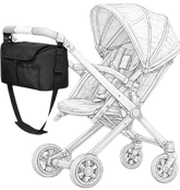 Black baby bag attached to a white stroller on a white background