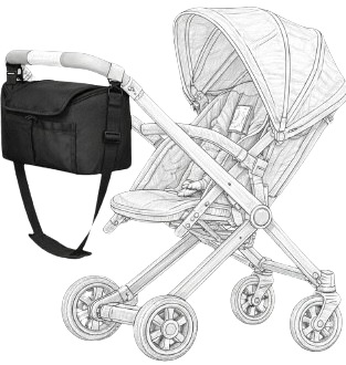 Black baby bag attached to a white stroller on a white background