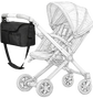 Black baby bag attached to a white stroller on a white background