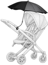 Black and white illustration of a baby stroller with an umbrella