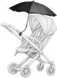 Black and white illustration of a baby stroller with an umbrella