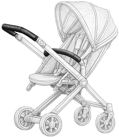 Pencil sketch of a baby stroller on a white background