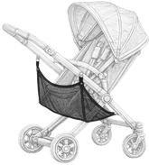 Illustration of a baby stroller with a mesh storage bag attached.