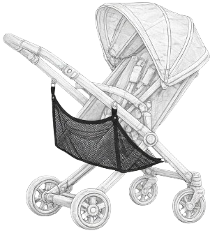 Illustration of a baby stroller with a mesh storage bag attached.