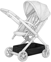 Black and white illustration of a baby stroller