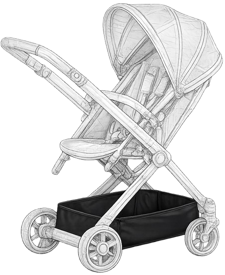 Black and white illustration of a baby stroller