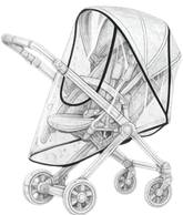 Black and white illustration of a baby stroller with transparent canopy