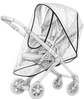 Black and white illustration of a baby stroller with transparent canopy