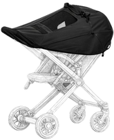 Black canopy over a stroller on a white background