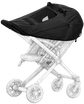 Black canopy over a stroller on a white background