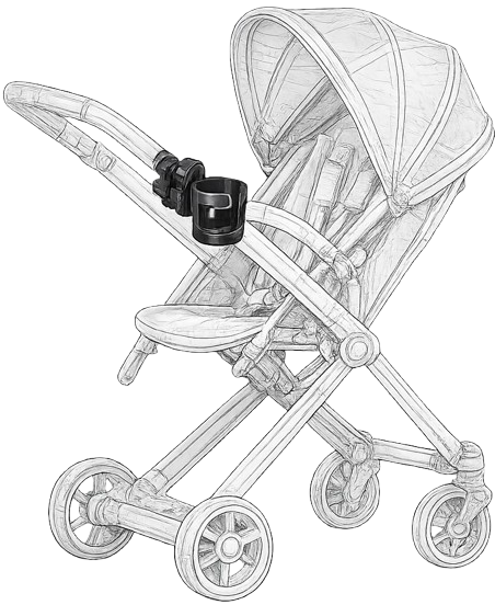 Black and white illustration of a baby stroller with a cup holder attachment.