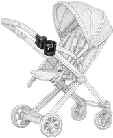 Black and white illustration of a baby stroller with a cup holder attachment.