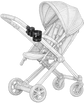 Black and white illustration of a baby stroller with a cup holder attachment.