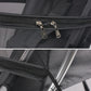 Close-up of a black mesh chair with a zipper detail.