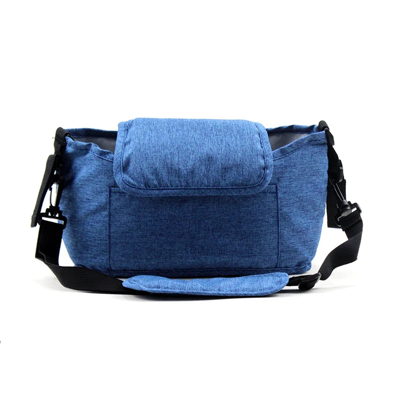 Blue denim-style bag with black straps on a white background