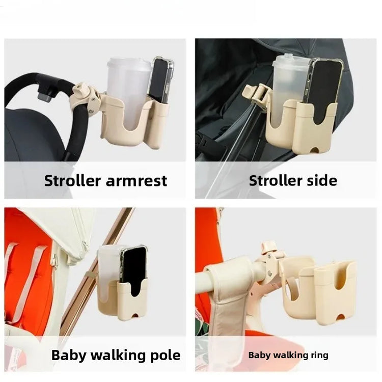 Phone holder for various baby stroller components on a white background