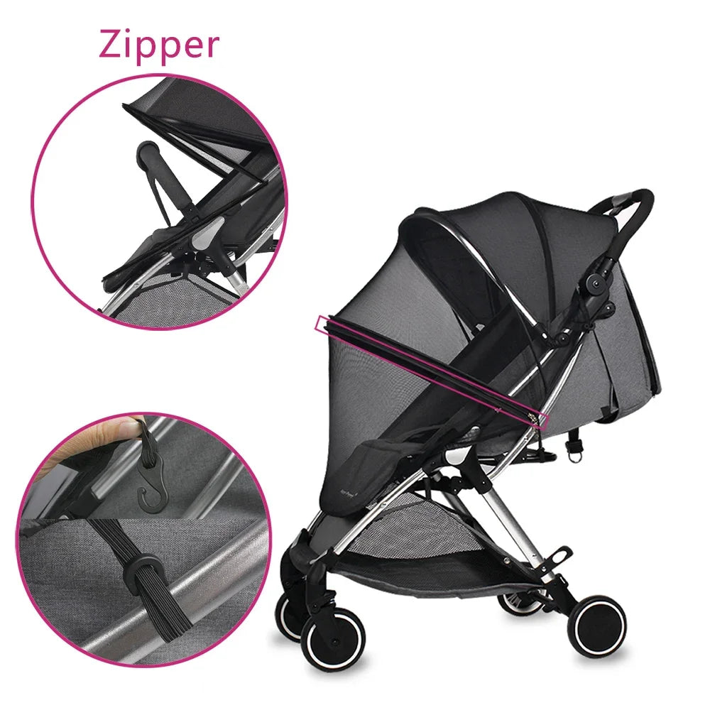 Black stroller with zipper details on a white background