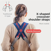 Person wearing a back brace with X-shaped crossover shoulder straps on a light background