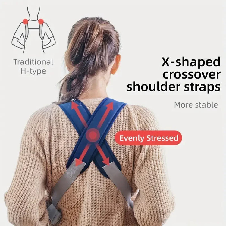 Person wearing a back brace with X-shaped crossover shoulder straps on a light background