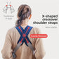 Person wearing a back brace with X-shaped crossover shoulder straps on a light background