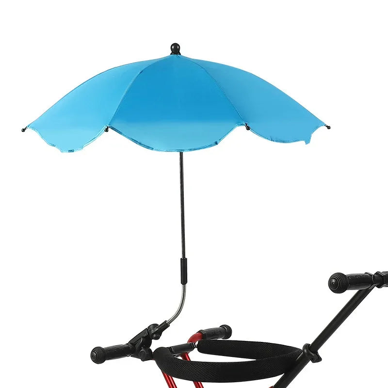 Blue umbrella attached to a bicycle handlebar on a white background