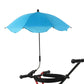 Blue umbrella attached to a bicycle handlebar on a white background