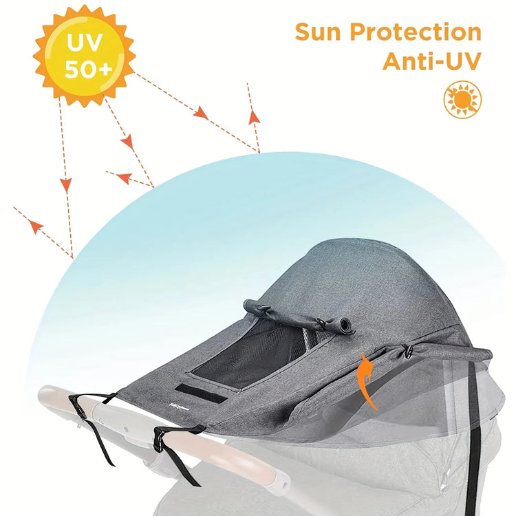 Gray sun protection canopy for a stroller with UV 50+ label and anti-UV text.