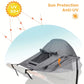 Gray sun protection canopy for a stroller with UV 50+ label and anti-UV text.