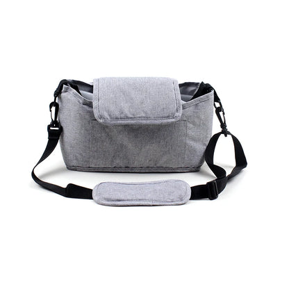 Gray shoulder bag with black straps on a white background