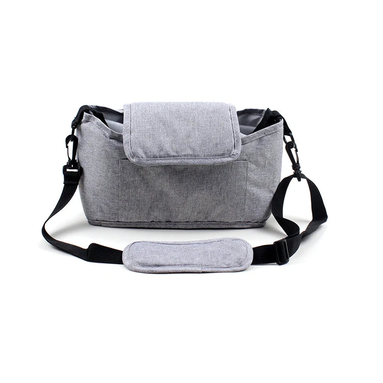 Gray shoulder bag with black straps on a white background