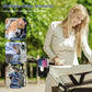 Woman using a phone holder on a stroller with additional images of its use on wheelchair, walker, and scooter.