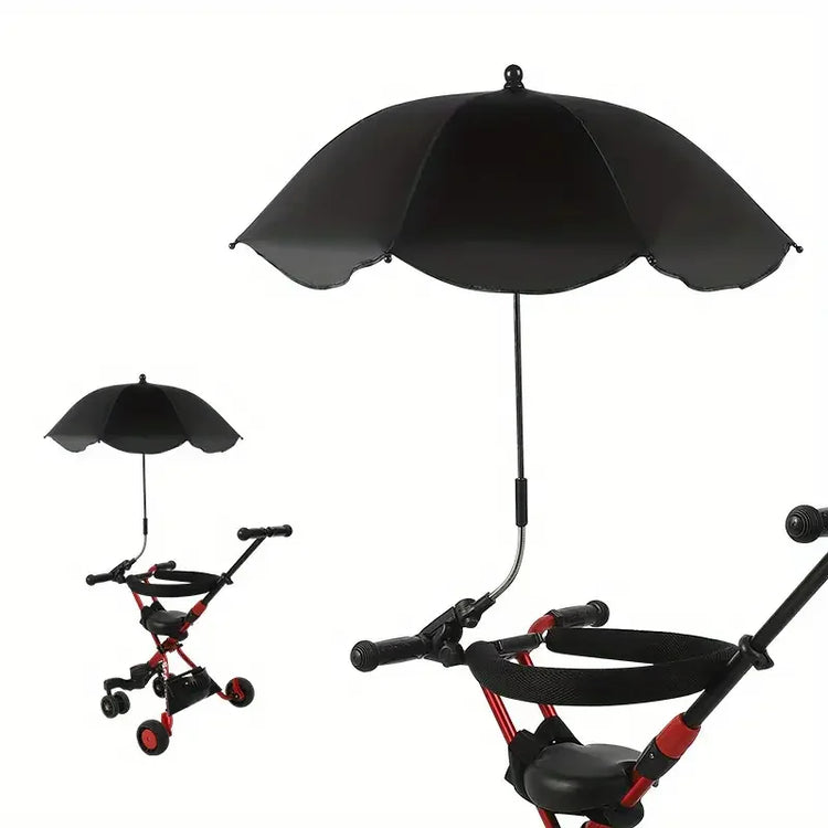 Black umbrella attached to a red and black stroller on a white background
