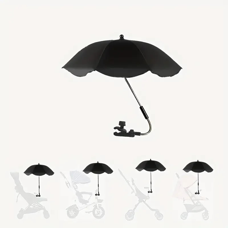 Black umbrella with a clamp attachment on a white background
